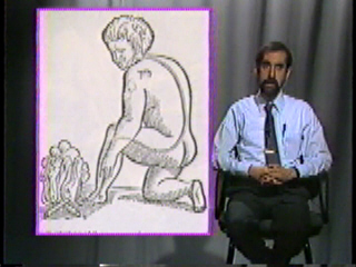 A man sitting by a fire, showing nerve impulses leading to the brain