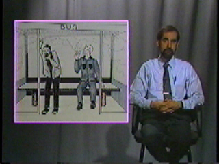 A smoker filling a bus shelter with smoke as another man gasps for air.