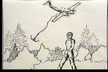 A man walking along: a grapling hook is thrown from a plane above him