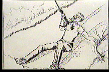 The man has the grappling hook imbedded in his throat and is being dragged along the ground by it