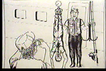 Inside the plane, the man is weighed on a scale by one man as another man takes a picture