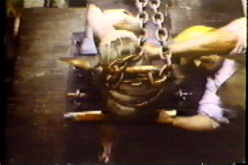 A cow, her head immobilized, is having her throat cut.